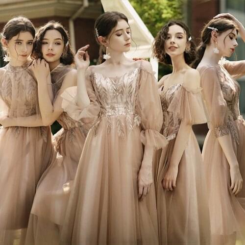 Bridesmaids Dresses Illusion Off The Shoulder Sequined Floor-Length Embroidery V-Neck A-Line Tulle Women Wedding Party Gown E163