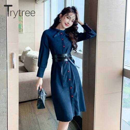 Trytree 2020 Autumn Winter Casual Women Dress Bow Collar Belt Single-breasted Mid-Calf Elegant Office Lady Thick Shirt Dress