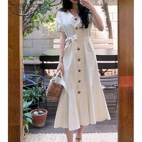 French Vintage High Waist V-Neck Long Dresses 2021 Summer Dress Short Sleeve New Simple Lace Up Fishtail Single Breasted 10256