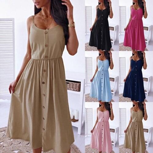 Summer Dress Women Solid Color A-Line Dresses Single-Breasted Sling Sleeveless Casual Long Dress For Women Vestidos Femme Robes