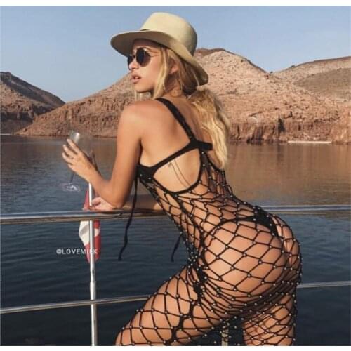 Sexy Crystal Diamond Dress Women Hollow Out Rhinestone Bodycon Dress Summer Fishnet Mesh Beach Wear 2021 Party Vestidos