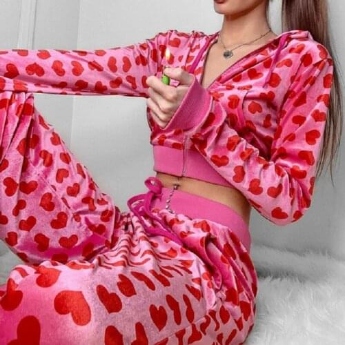 Fitness Heart Print Two Piece Set Autumn OutfitCasual Velvet Zipper Fly Hooded Jacket Coat Loose Legging Pants Street Tracksuit