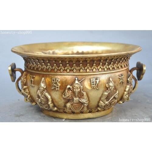 Wedding decoration 7"Chinese brass wealth 5 Mammon god treasure bowl Ruyi incense burner Censer