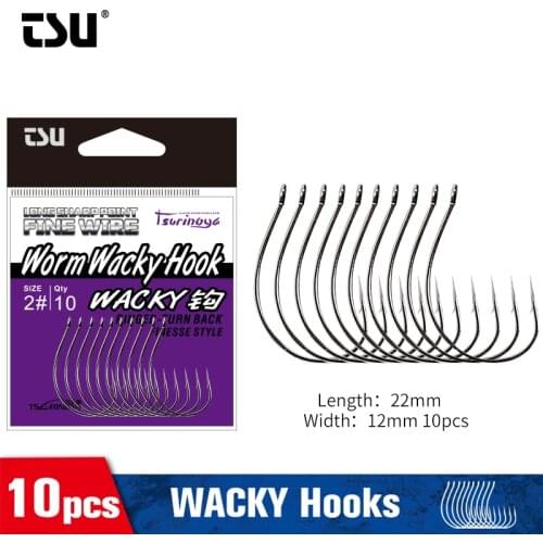 TSURINOYA #1 #2 10pcs WACKY Hooks Black Nickel DOWNSHOT RIG Single Fishing Hook Soft Worm Lure Jig Tackle