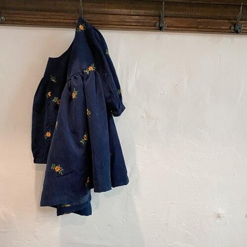 2021 New Style Retro Full Embroidered Corduroy Dresses for Kid Girl Puff Sleeve Toddler Bby Cotton Dress 2-8 Years Children