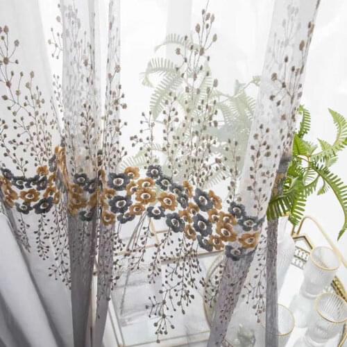 Floral Embroidered Sheer Curtains Botanical Elegant Grey Blue Leaves White Sheer American Country Style Gradient Patio Drapes