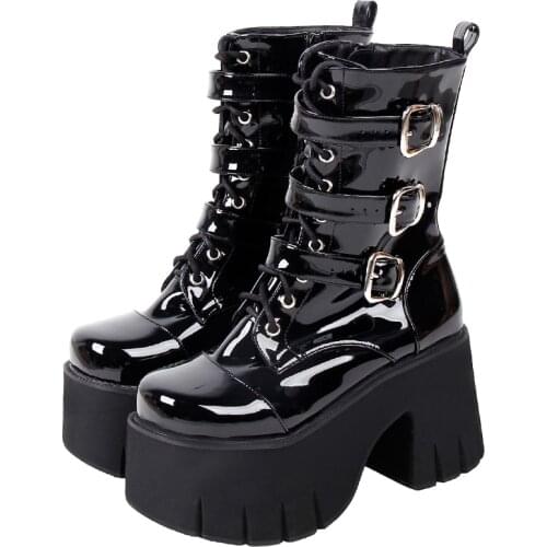 Angelic imprint Women Gothic motorcycle punk boots lady short Boots woman high trifle heels pumps shoes 33-47 10cm lace up 330