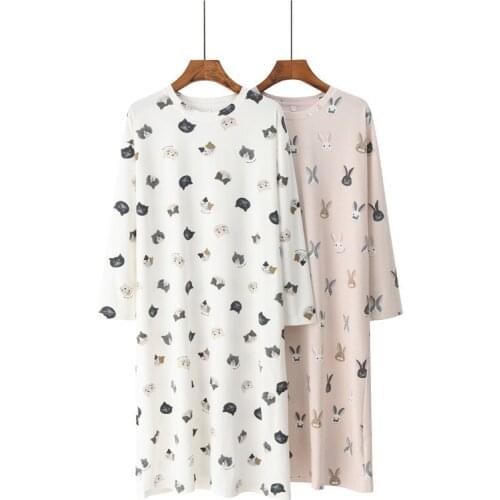 Womens Cartoon Print Nightgowns Sleepshirts Casual Loose Sleepwear Night Dress Simple O-neck Long Sleeve Lounge Woman