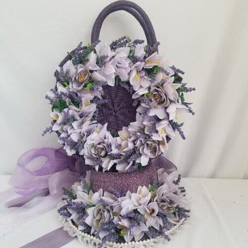 Purple Round Straw Bags for Women Rattan Bag Handmade Flowers Ribbon Woven Beach CrossBody Bag Female Handbag Totes with Sun Hat