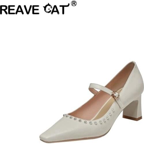REAVE CATGenuine Leather Square Toe High Heel Pearl Fairly Dress Beauty Girl Dating Buckle Straps Women Pumps Size 34-43