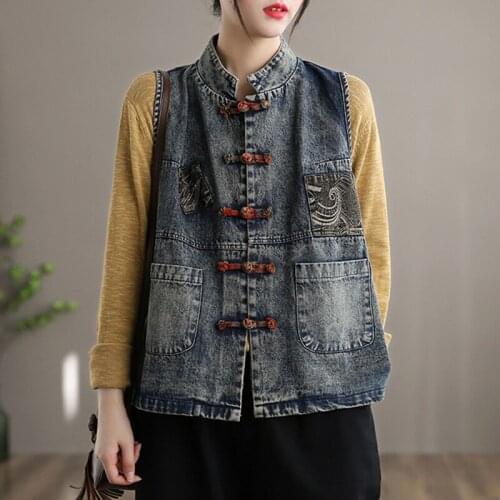 QPFJQD Ladies Denim Vest Stand Collar Sleeveless Button Spring Autumn Women Retro Comfort Pocket Loose Solid Color Coats