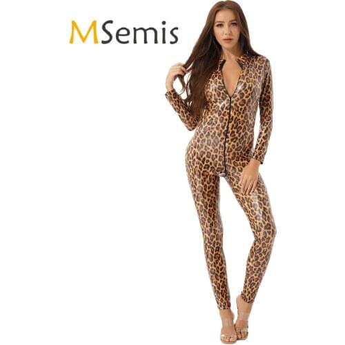 Womens Fashion Leopard Print Patent Leather Bodysuit Stand Collar Long Sleeve Zipper Catsuit Leotard Slim Fit Jumpsuit