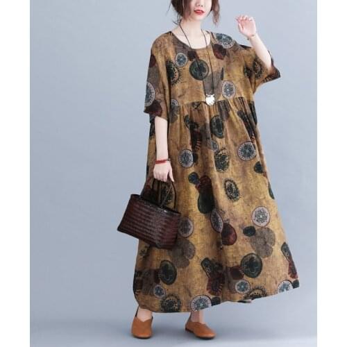 2021 New Arrival Cotton Linen Vintage Dress Short Sleeve Print Floral Loose Summer Dress Plus Size 5XL 6XL Oversized Women Dress