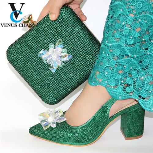 Mature African Shoes With Matching Bag Set 2020 New Design Italian Women Party Shoes and Bag Sets with Crystal in Green