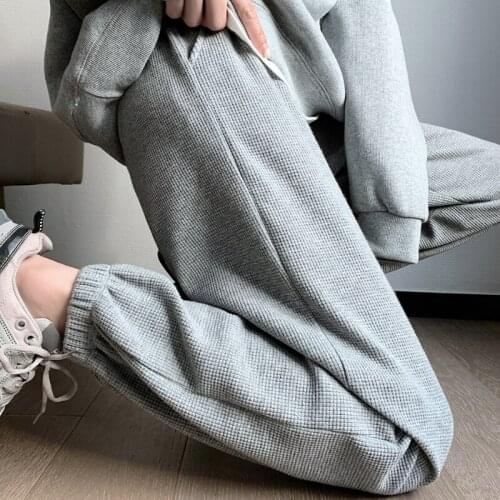 2021 Womens Waffle Wide Leg Pants Autumn Winter New Loose Large Size Sweatpants Casual Sports Pants Joggers Baggies Streetwear