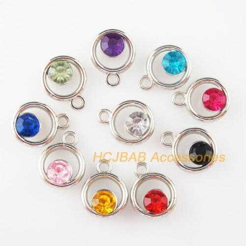 30Pcs Dull Silver Plated Mixed Crystal Round Circle Charms Pendants 12x15mm