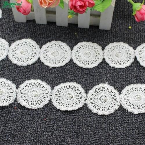 White Embroidered Lace Guipure French Lace Trims Beaded Appliques 1 Yard Circle Round Flower Polyester Water Soluble 4cm