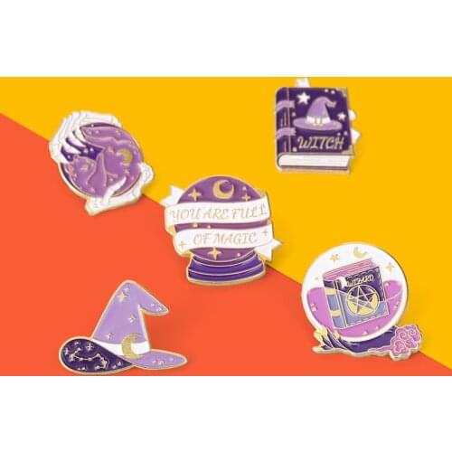 Gothic Wizard Hat Magic Book Enamel Pins Custom Purple Crystal Ball Castle Ball Brooch Lapel Badge Bag Witchcraft Jewelry Gift