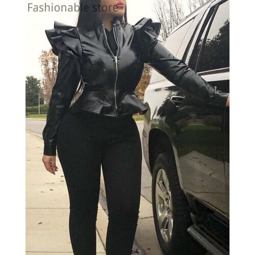 Faux Leather Ruffles Zipper Design Slim Jacket Coat