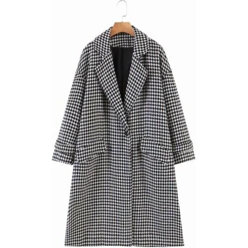 ZXQJ Women Houndstooth Long Coat 2021 Automn Fashion Ladies Elegant Plaid Blazer Female Oversize Pocket Outerwear