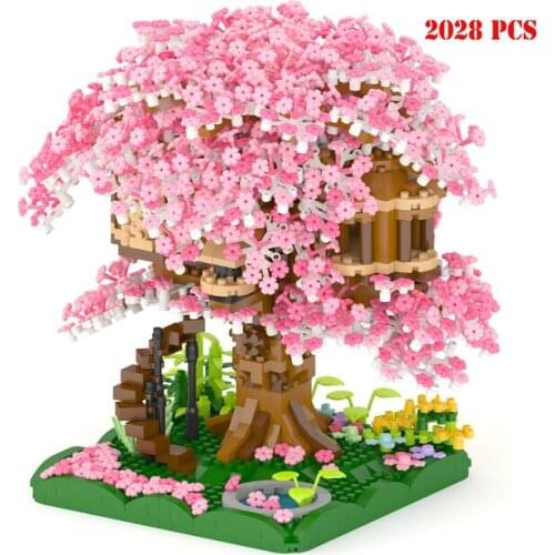 Friends Architecture Sakura Tree House Garden Pink Flower Plant Field Mini Diamond Blocks Bricks Building Toy for Children Gifts