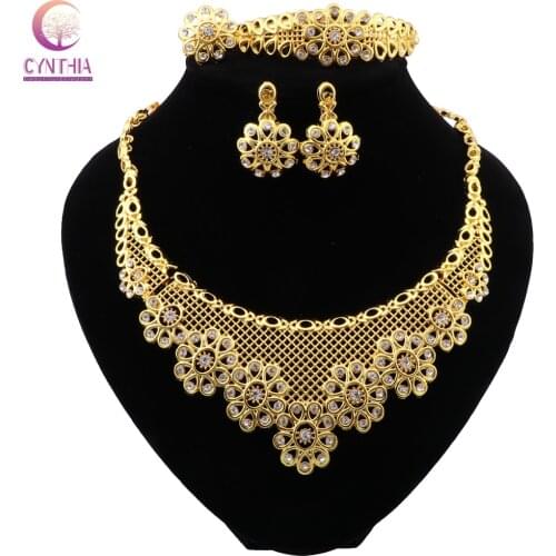 CYNTHIA Dubai Elegant Bridal Gold Color Jewelry Sets Crystal Necklace Bracelet Earring Ring Nigerian Wedding Party For Women