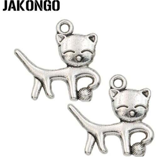 JAKONGO Antique Silver Plated Cat Charms Pendant for Jewelry Making Bracelet Accessories DIY 19x20mm 20PCS/lot