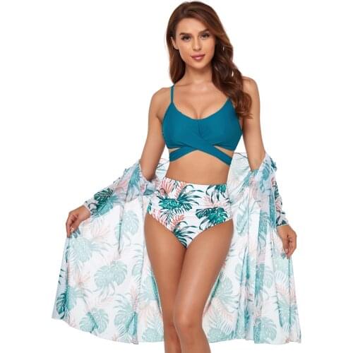 Bikini Set Three Pieces with Cover-Ups Women Leopard Plant Print High Waist Swimwear Beach Bandage Bathing Suit Push Up Female