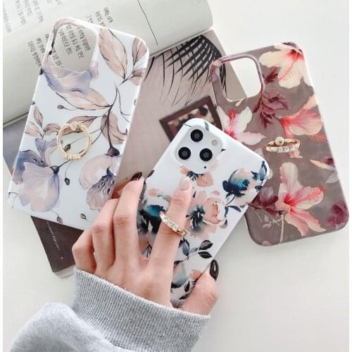 Fashion luxury retro flower Ring Holder Phone Case For Iphone 11 12 Pro XS MAX X XR SE 2020 7 8 Plus Soft Silicone Back Cover