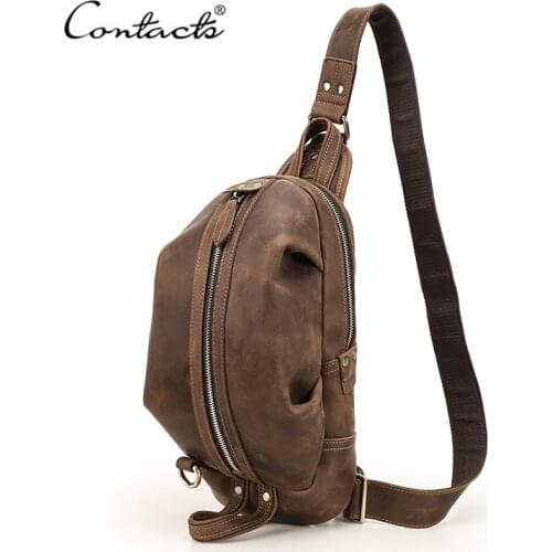 CONTACTS Crazy Horse Leather Men Chest Bag Large Capacity Shoulder Messenger Bags Male Casual Chest Packs Mens Crossbody Bag