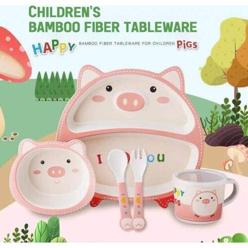 5pcs/Baby Tableware Set Pig Kids Dishes Plate Bowl Spoon Fork Cup Anti-fall Solid Food Self Feeding for Children Creative Gift