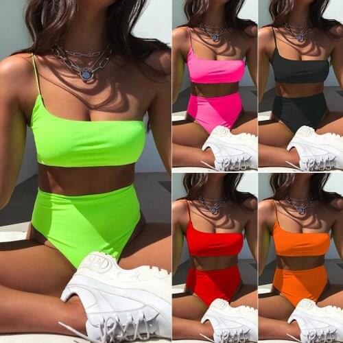 Neon Green One Shoulder Bikini Set swim suits for women swimwear 2 piece Push Up Swimming Suit New