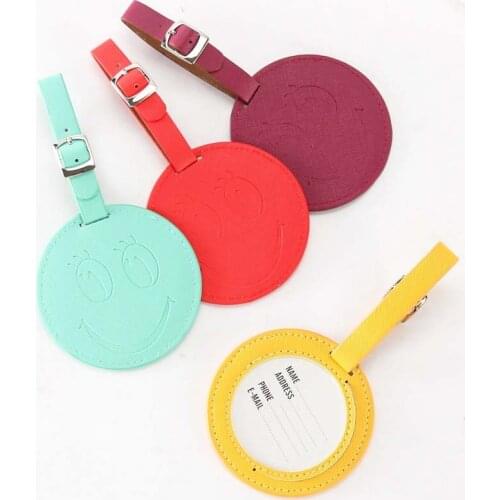 2020 New Smiley PU Leather Round Luggage Tags Handbag Bag Pendant Suitcase Name ID Address Label Travel Accessories