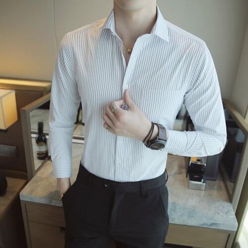 2021 new mens business long-sleeved striped shirt men formal wear professional slim cotton high-quality brand work white shirt