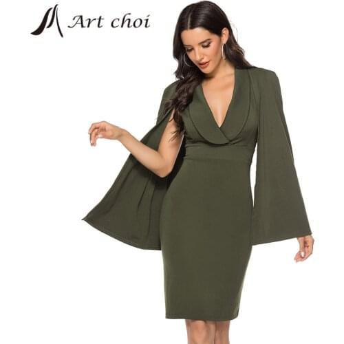 Spring Autumn Women Slim Sexy Dress Batwing Sleeve Elagant Party Female Business Work Office Summer Party Skirt Garment V-Neck
