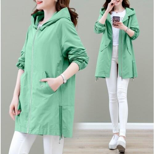 Casual Trench Coat Women 2021 Spring Autumn New Slim Long-sleeve Hooded Outwear Solid Plus size 4XL Zipper Female Windbreaker