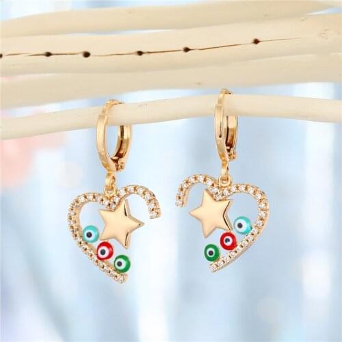 1Pair Lucky Eye Hollow Heart Star Hoop Earring For Women Vintage Cute Zircon Colorful Turkish Eye Love Ear Stud Bohe Jewelry