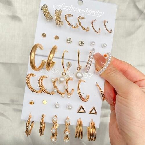 VKME Trendy Gold Metal Earrings Set For Women Fashion Geometric Pearl Circle Drop Earrings 2021 Trend Set of Earrings Jewelry