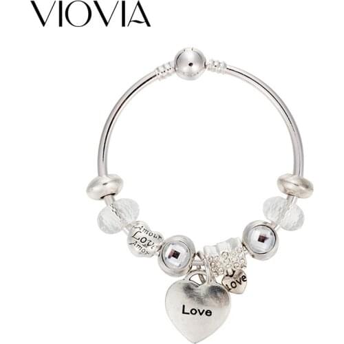 VIOVIA New Arrival Silver Color Murano Grass Beads Heart Love Charm Bangles & Bracelets for Women Wedding Jewelry B17069