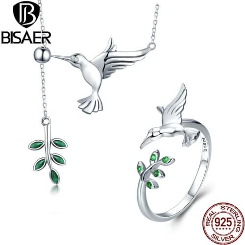BISAER Jewelry Set 925 Sterling Silver Bird Hummingbirds Greeting Collar Anel Jewelry Sets For Women Fashion Earrings Jewelry
