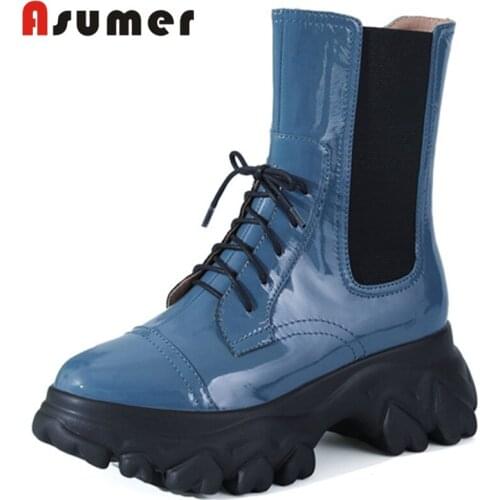 Asumer 2020 ankle boots women genuine leather shoes round toe lace up autumn winter casual shoes ladies flat platform boots