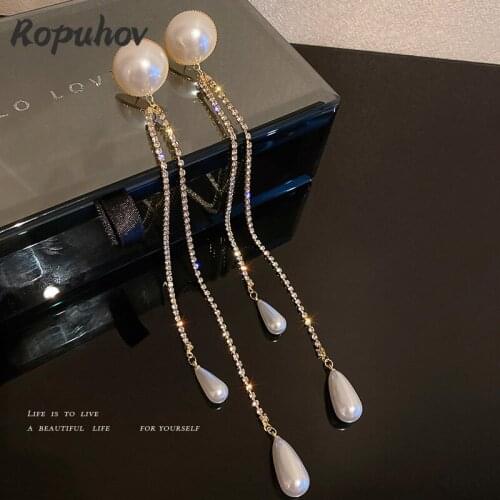 ROPUHOV 2021 Korean Trendy 925 Silver Needle Zircon Pearl Tassel Earrings Super Long Plus Size Earrings Fashion Earrings Women