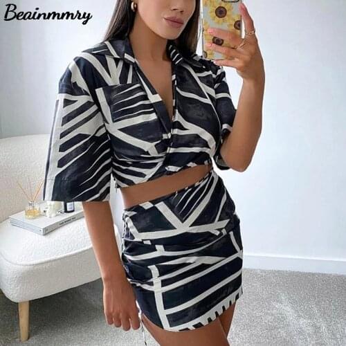 2021 Za Summer Women Print Two Piece Skirt Set Cropped Shirt & Pleated Mini Skirt Fashion Female Casual Short Dress Outfit
