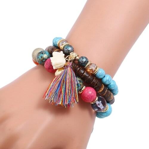 3 Pcs Vintage Colorful Stone Beaded Bracelet for Women Boho Ethnic Tassel Pendant Bracelets & Bangles Men Beads Pulseira Jewelry