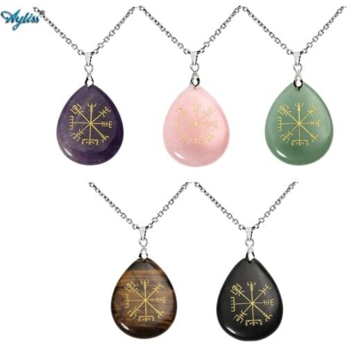 Ayliss Bulk Price Guidepost Compass Vegvisir Natural Stone Pendant Necklace Engraved Old Northern Europe Viking Rune Chain 24"