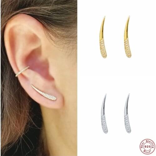BOAKO 925 Sterling Silver Ivory Shape Diamond Stud Earrings For Women Cubic Zirconia Jeweled Arc Line Ear Stud Party Fine Jewel