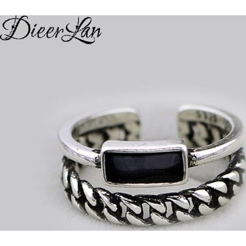 Bohemian Ethnic 925 Sterling Silver Black Chain Rings for Women Bridal Wedding Vintage Open Finger Rings Christmas Gifts