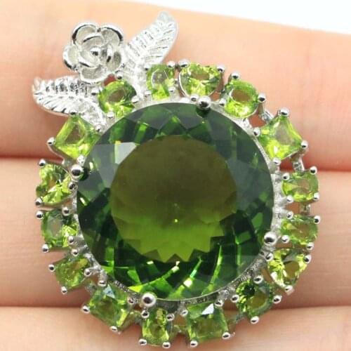 36x29mm Anniversary Big Round Gemstone Created Peridot Pink Tourmaline CZ For Women Wedding Silver Pendant Fashion Eye Catching