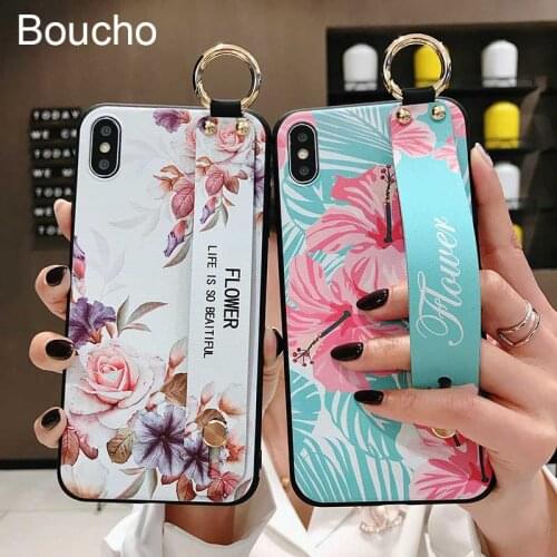 Boucho Silicone Wrist Strap Phone Cases For iPhone 11 Pro XS Max X XR 6 6S 7 8 Plus Vintage Floral Flower Cover with Wrist Strap