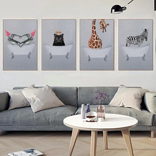 Animal Pictures Elephant Zebra Giraffe Bathtub Kids Room Wall Art Poster Canvas Painting and Printmaking Bathroom Home Decor
